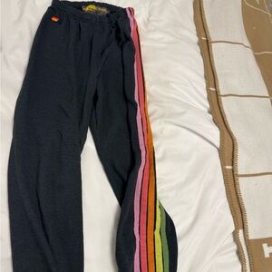 Aviator Nation Black Joggers with Rainbow Stripes